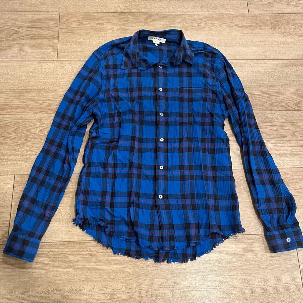 Frame Women’s Blue Plaid Flannel Button Down Klein Cotton Shirt Size M Slim